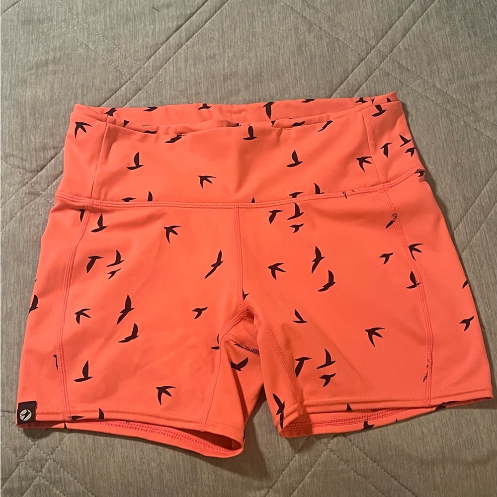 Oiselle Bright Orange Bird Pattern Shorts